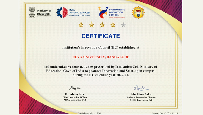 REVA-University IIC, has achieved Top Ranked with 4 star